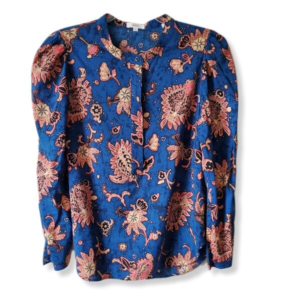 ALC Women Marci Abstract Floral Blouse 4 Blue Paisley Puff Shoulder Contemporary - Picture 2 of 12